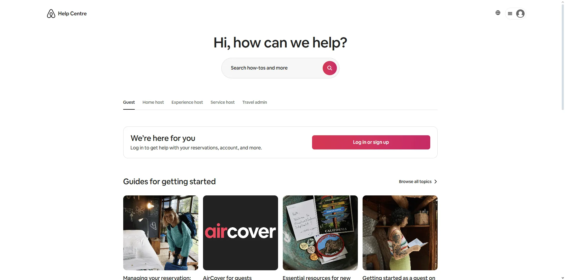 Airbnb contact us page with guided help flow, FAQs, and customer support channels.