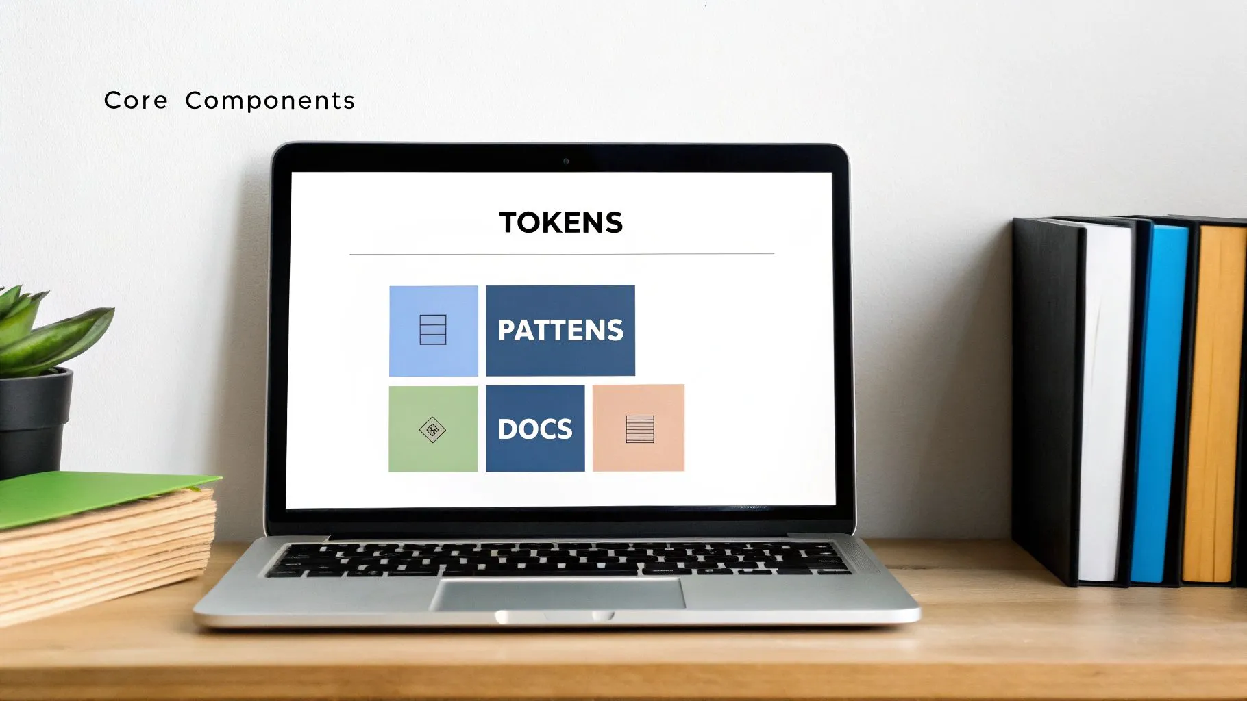 Laptop displaying design system core components including tokens, patterns, and docs on wooden desk