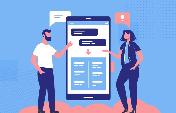 Illustration of a man and woman collaborating on a mobile app interface with chat and data.