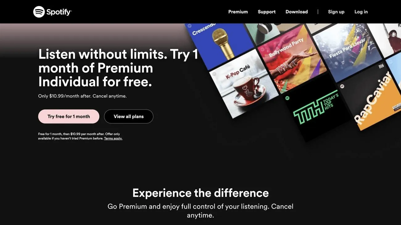 Spotify pricing page using accordion UI examples to compare subscription plans and reveal details without clutter.