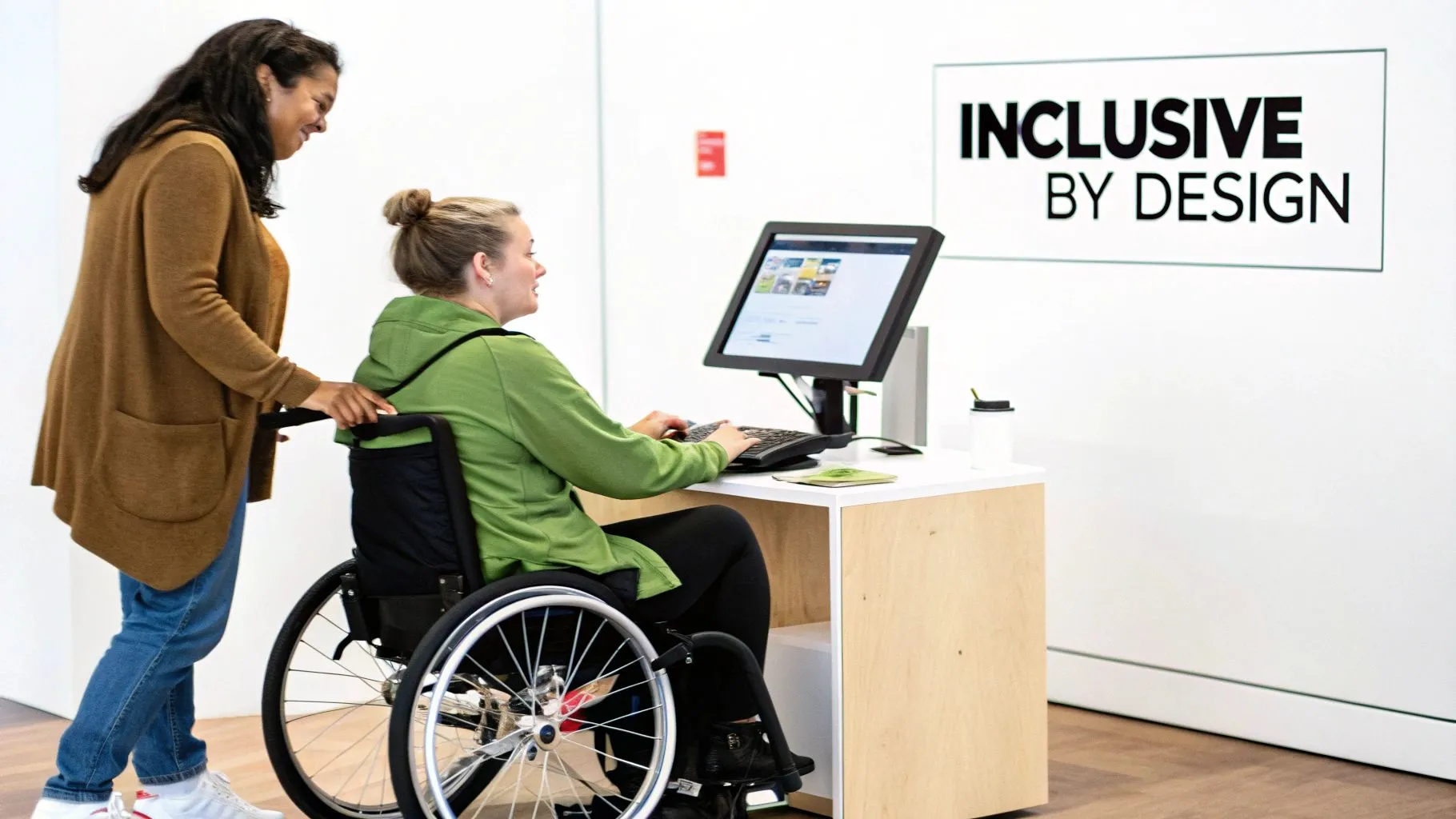 Woman assisting wheelchair user at accessible height-adjustable desk with computer and inclusive design signage