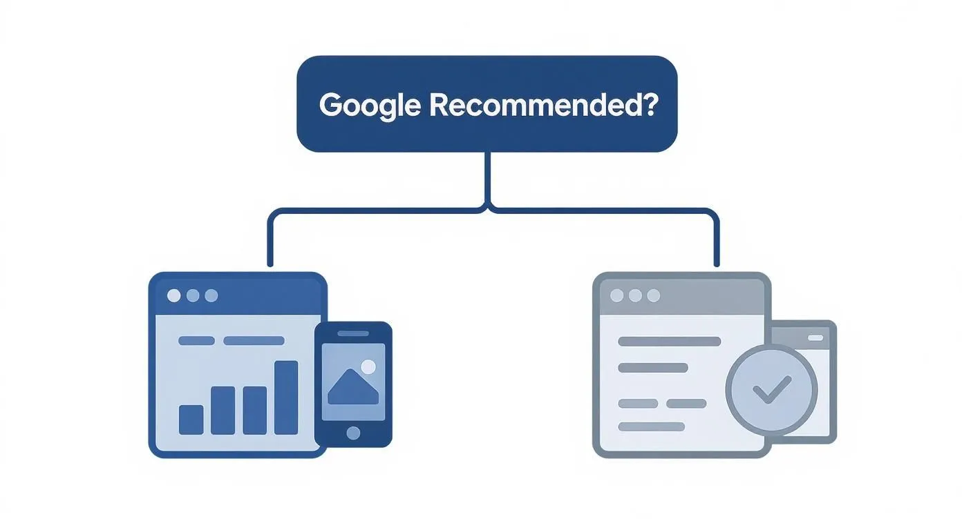 Flowchart asking 'Google Recommended?' linking to responsive web design and content optimization.