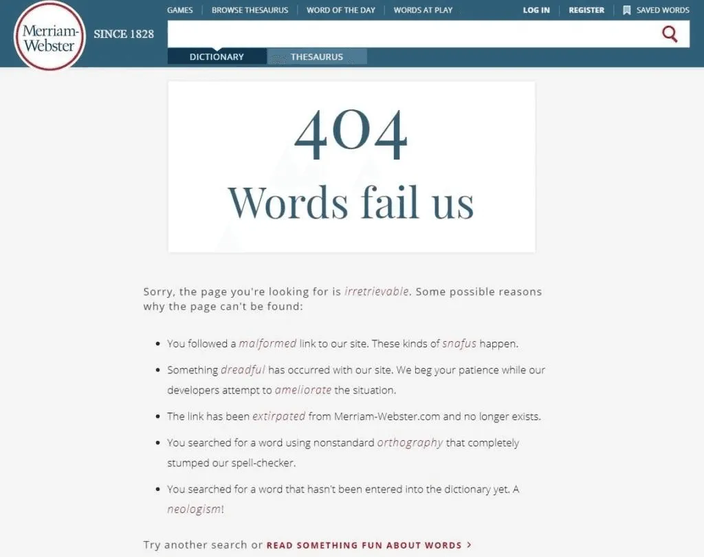 Merriam-Webster 404 error page styled like a dictionary entry for “404,” highlighting clever microcopy in good UX writing examples.