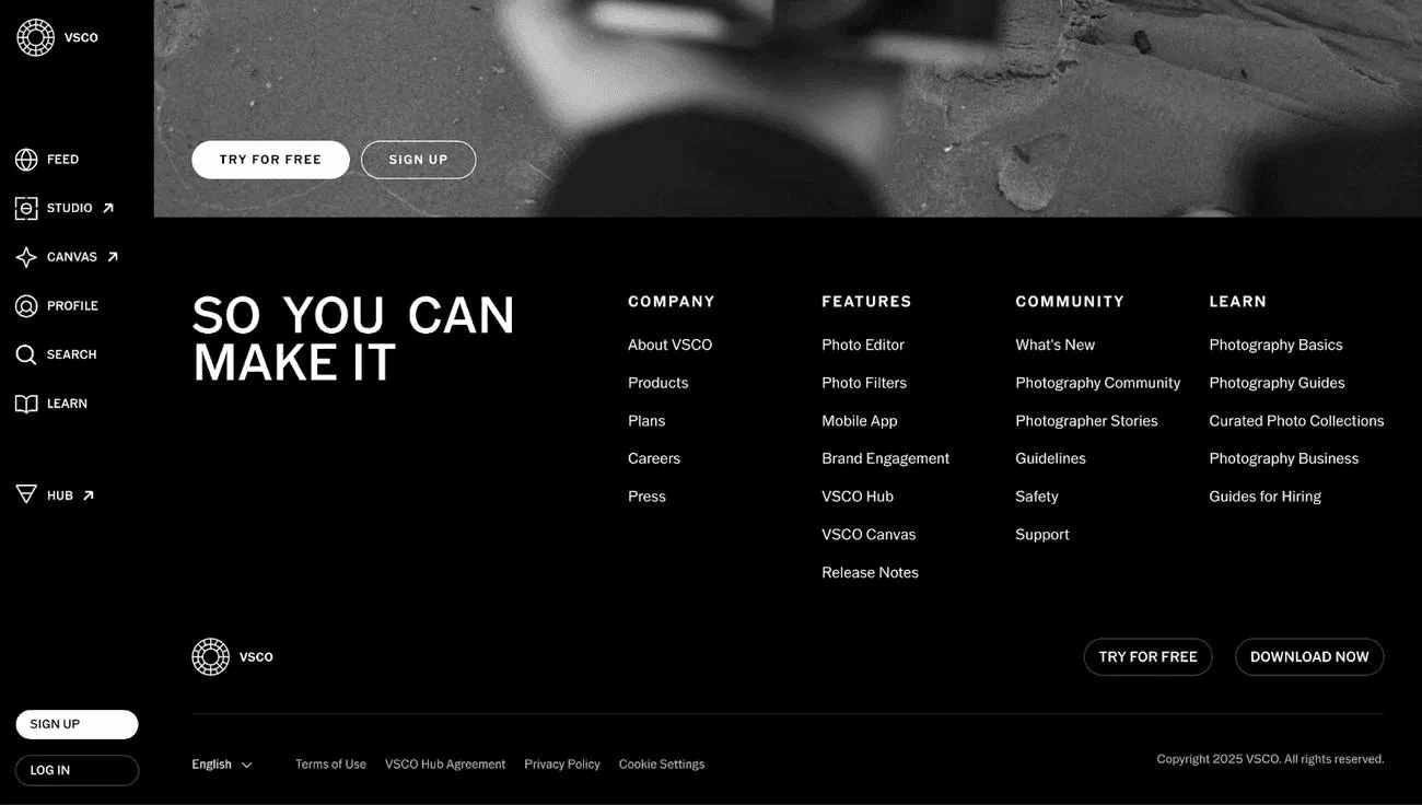 HubSpot website footer with organized navigation columns, CRM-driven personalization, subtle CTAs, and consistent branding in orange accents.