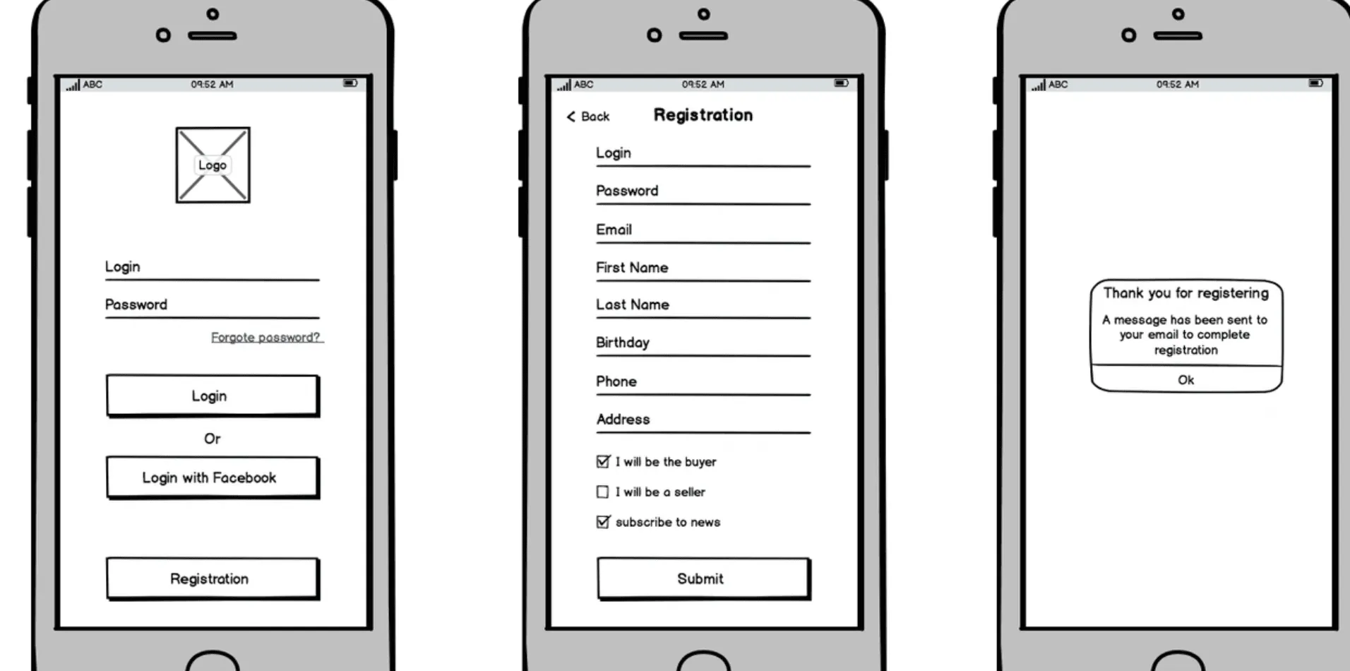 Low-fidelity wireframe of a website homepage with grayscale boxes, image placeholders, and text blocks.