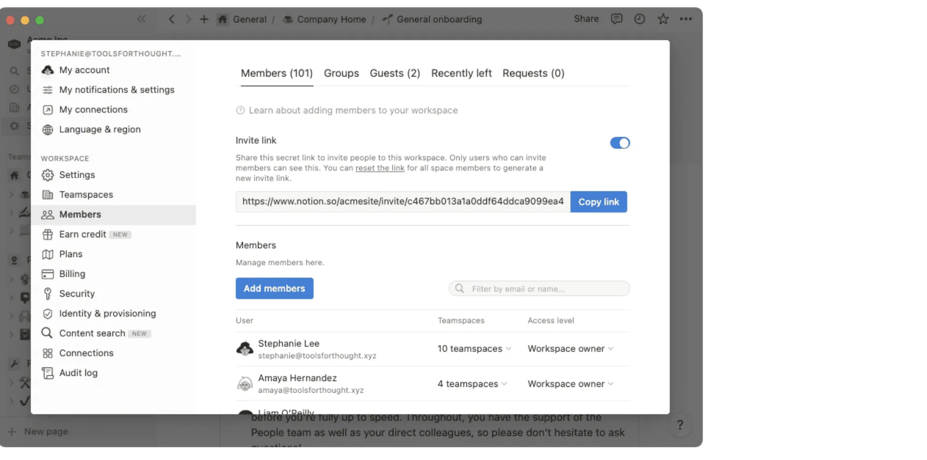 Notion settings and members panel displaying workspace management options including user roles, security, and billing preferences.