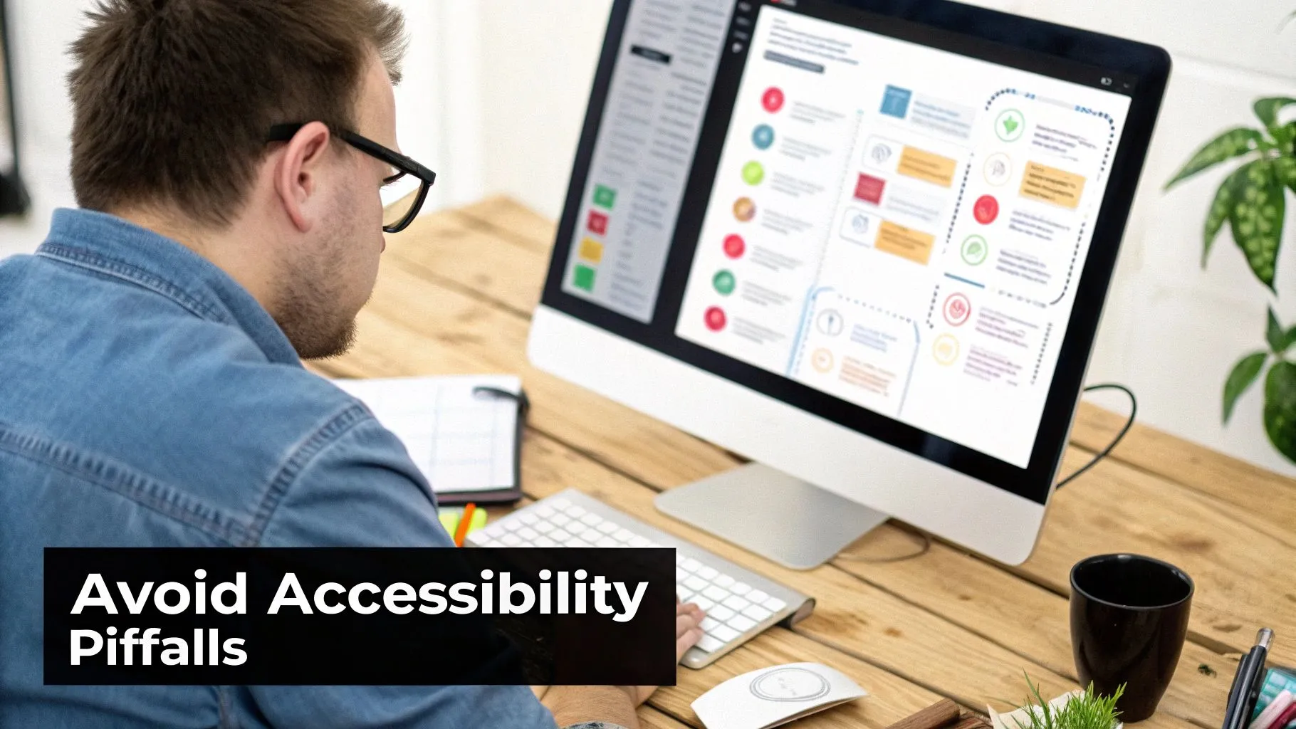 Person reviewing colorful UX workflow diagrams on computer screen to avoid accessibility pitfalls in design