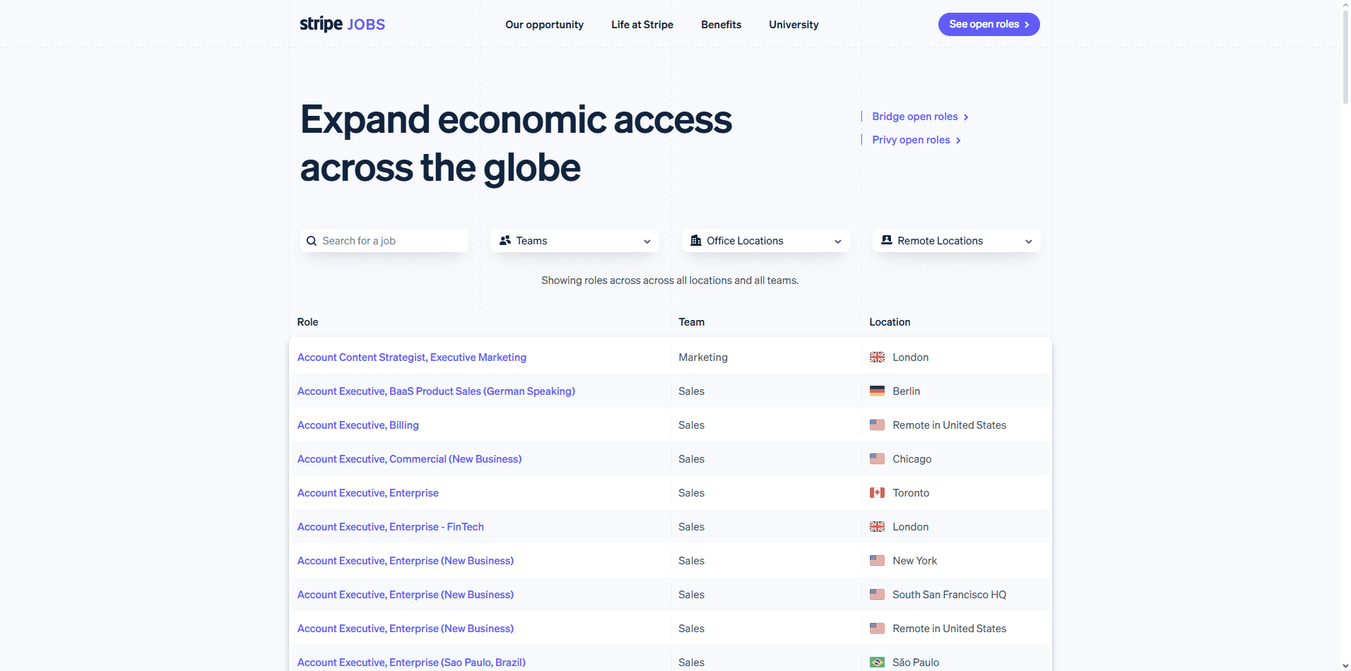 Stripe careers page emphasizing problem-space navigation, clear role outcomes, and minimal visual design for easy readability.