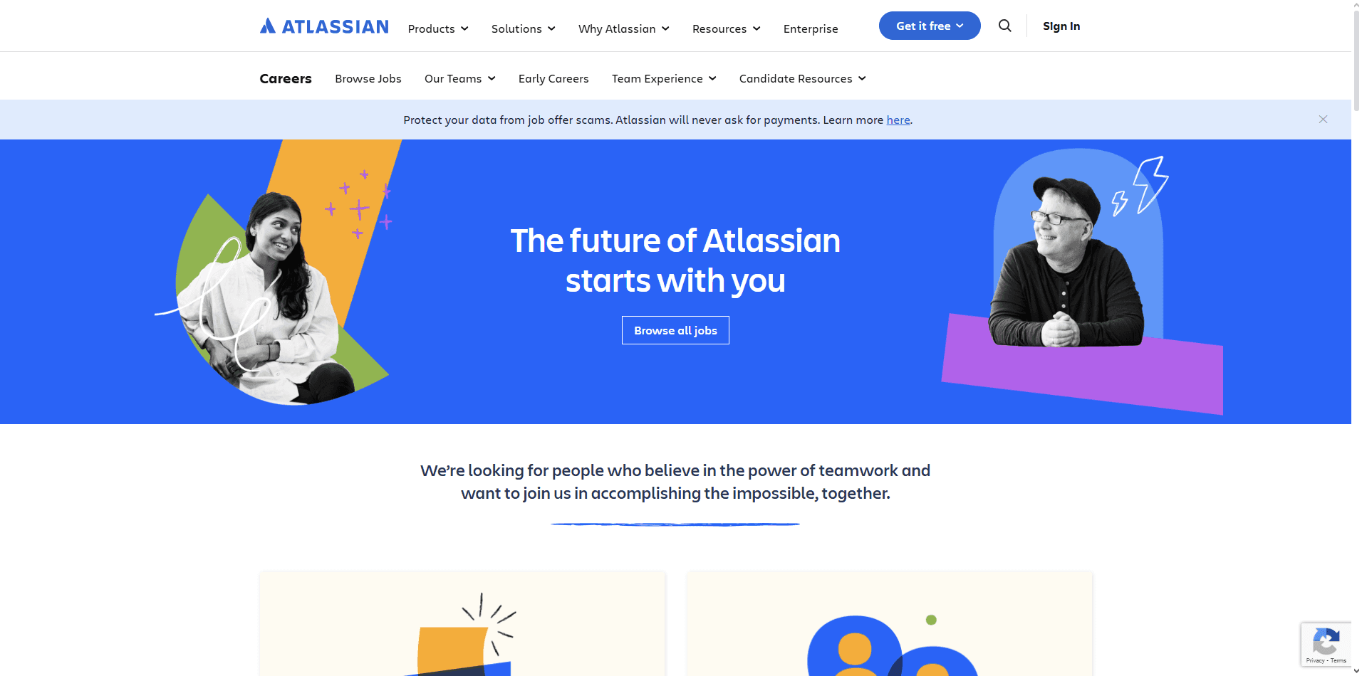 Atlassian careers page highlighting distributed-first work modes, clear job filters, and values explained through real examples.