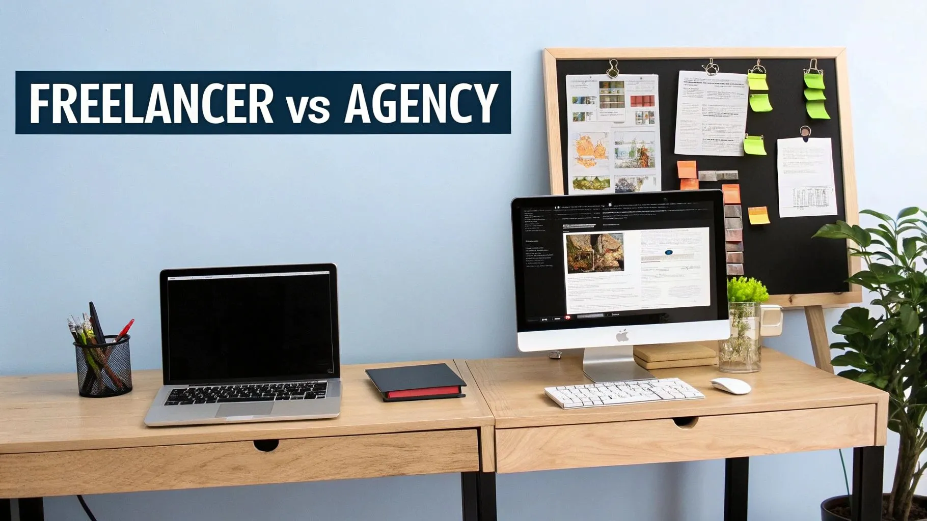 Modern workspace comparing freelancer versus agency with dual computer setup and organized task board