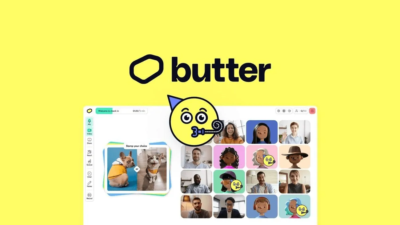 Butter SaaS meeting platform website with bright visuals, session planner, and interactive tools.