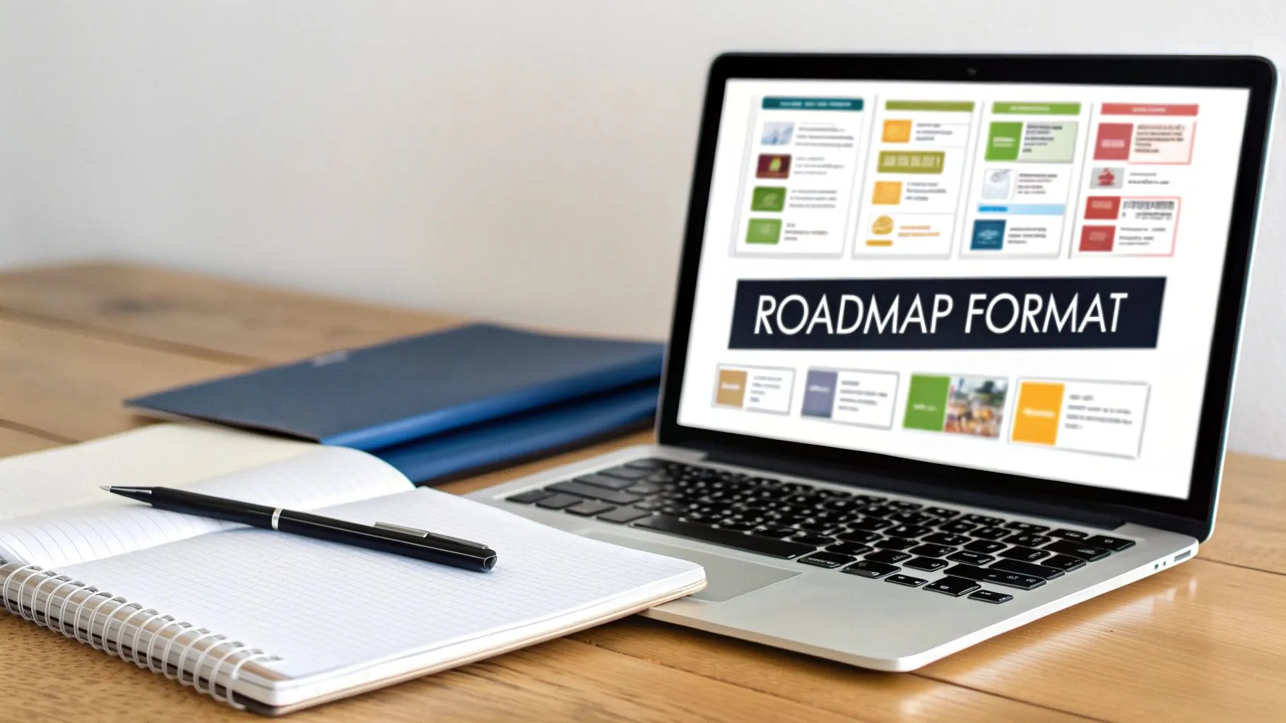 A laptop on a wooden desk displays a 'ROADMAP FORMAT' with visual elements, alongside an open notebook and pen.