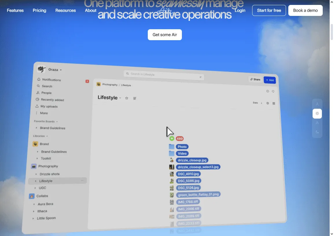 Air account settings UI with categories for user management, roles, and permissions designed for creative team collaboration.