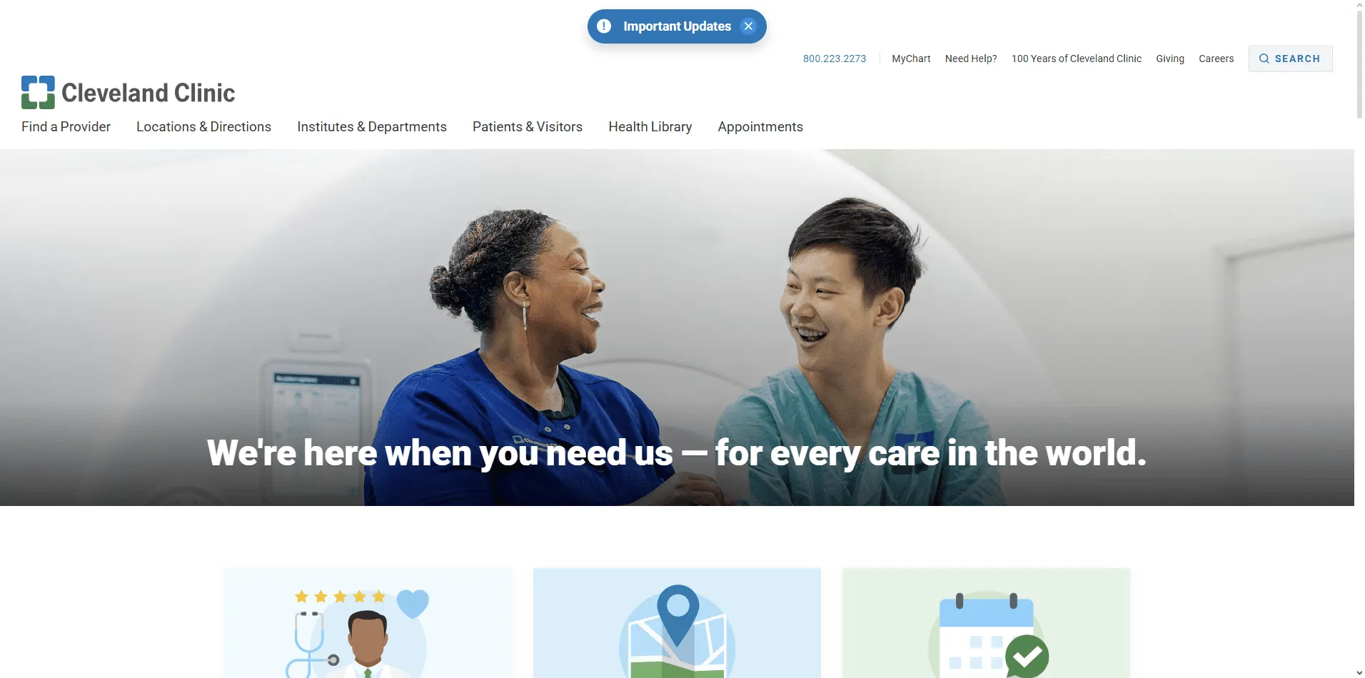 Cleveland Clinic website featuring patient stories, appointment booking, and service navigation with clean layout.