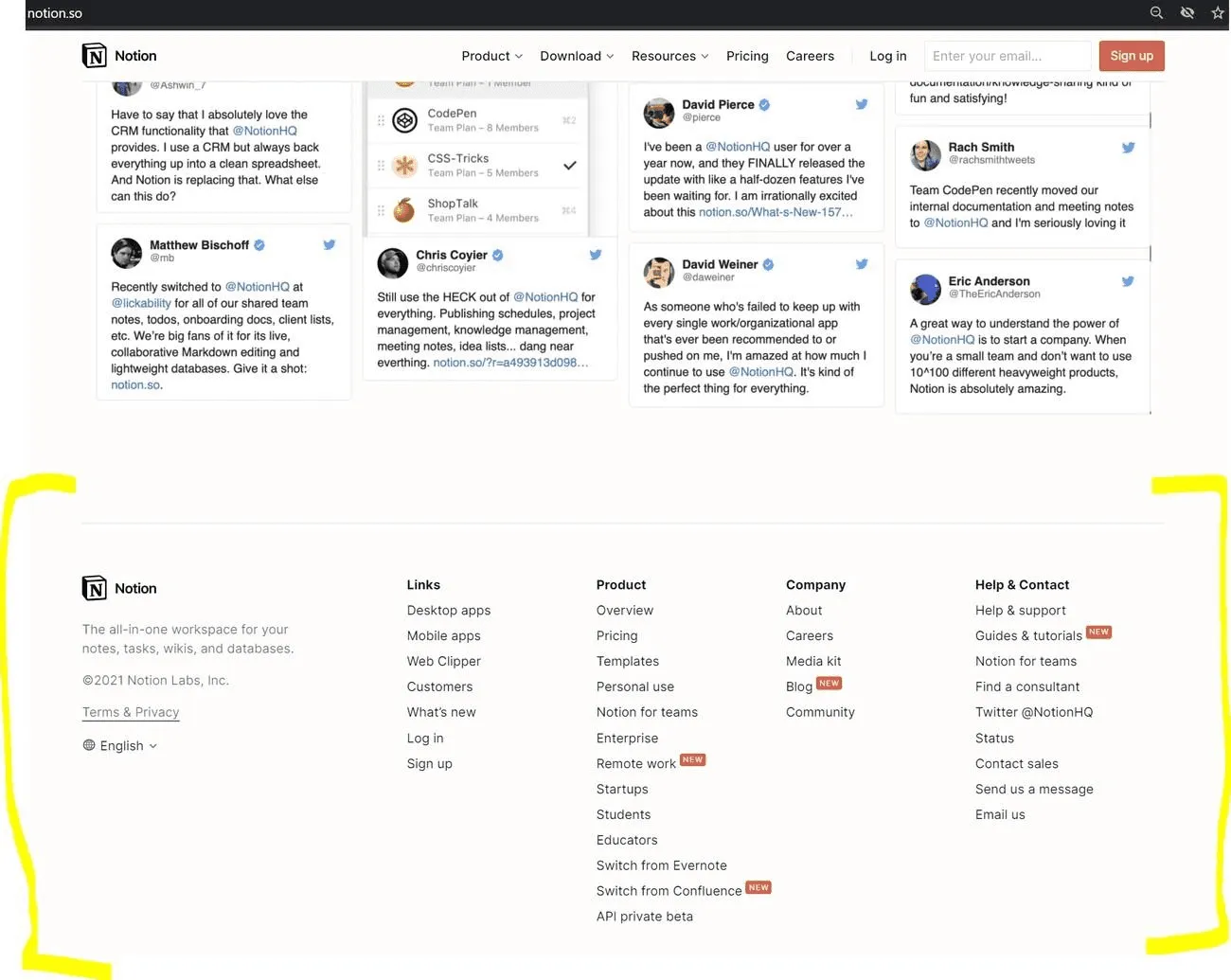 Notion website footer with clean minimalist design, organized headers, responsive structure, and consistent brand fonts and colors.