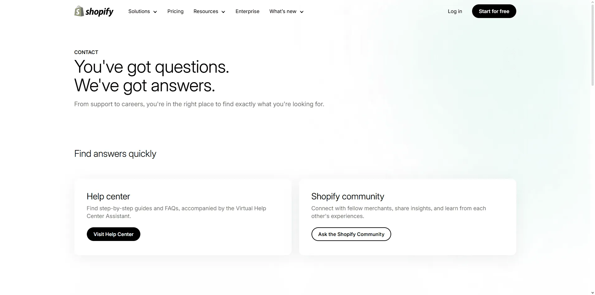 Shopify contact page featuring partner support, sales inquiry, and help center search.