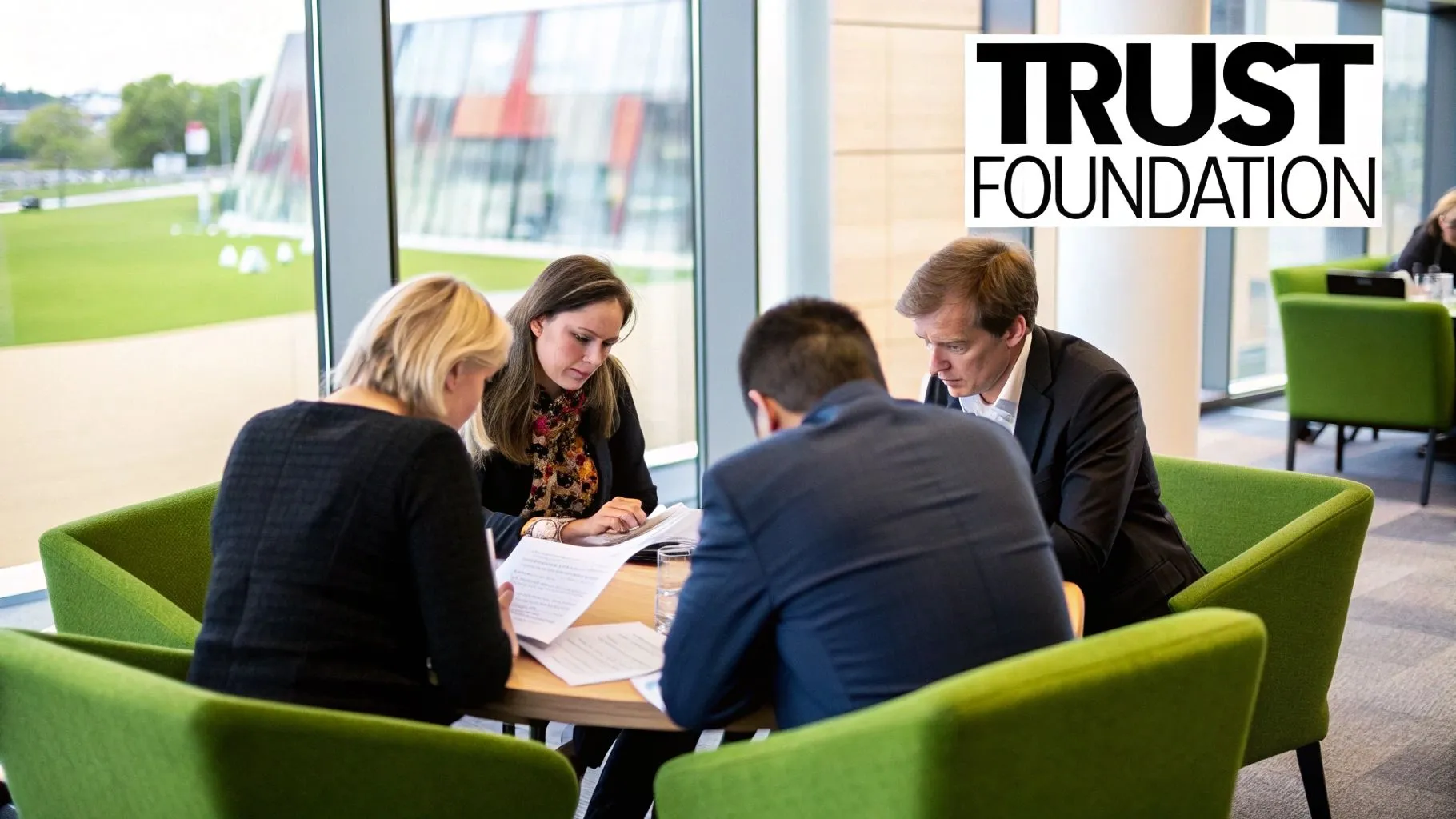 A team collaborating around a table, symbolizing the start of a project and building a foundation of trust.