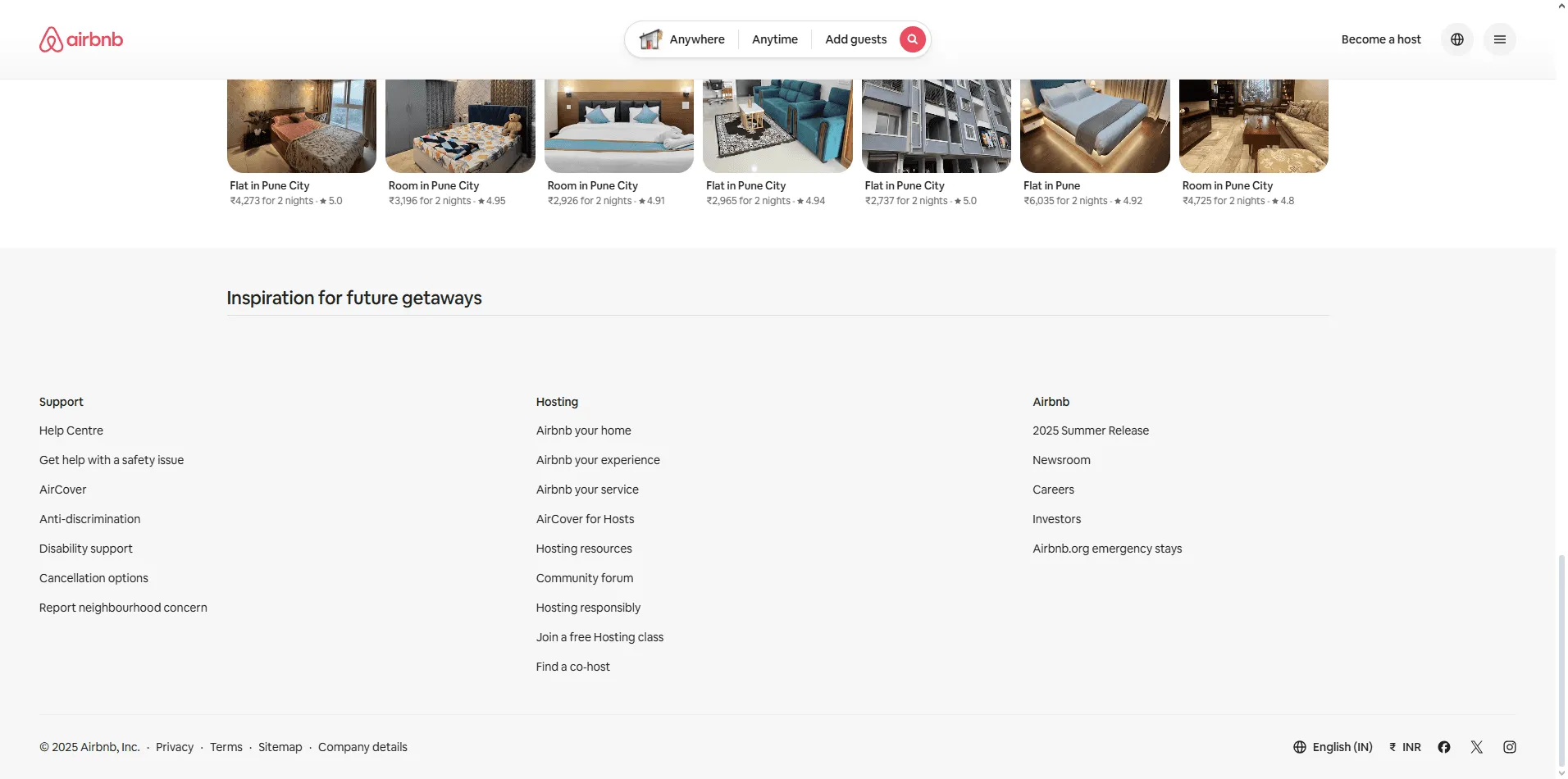 Airbnb website footer showing clean three-column layout with gray typography, dropdowns for language and currency, and compact social icons.