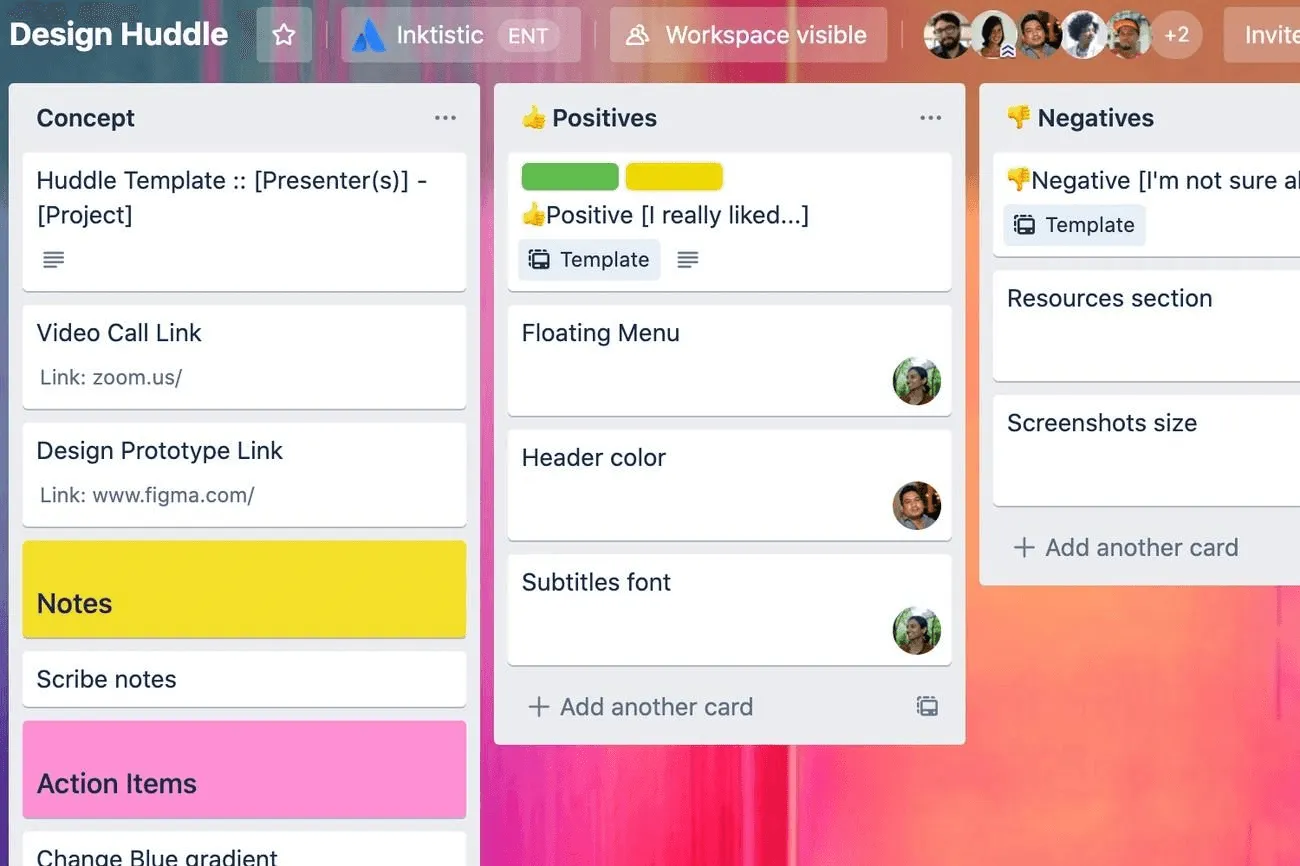 Trello Kanban board with draggable task cards including checklists, labels, and due dates