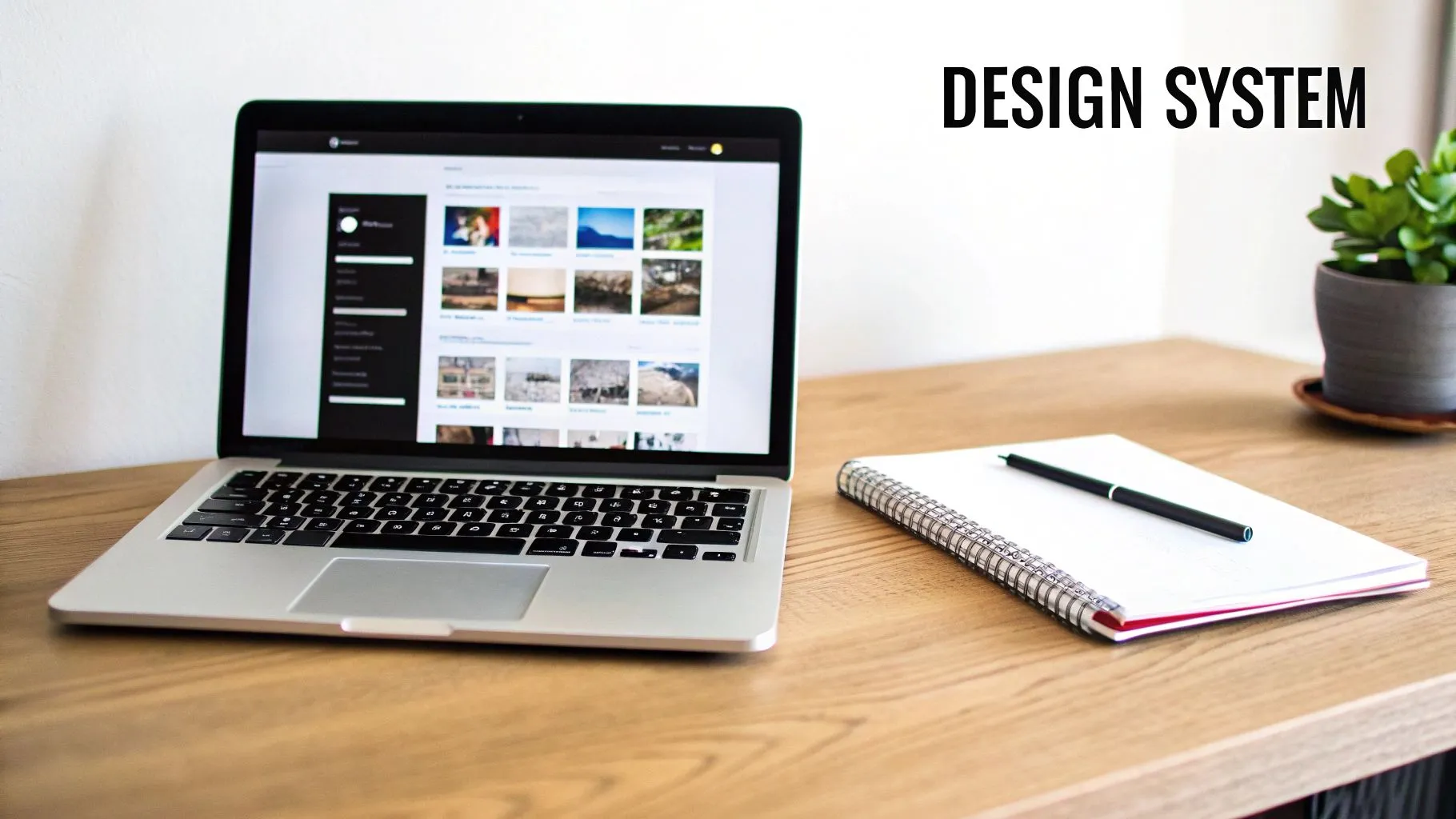 Laptop displaying design system interface on wooden desk with notebook and pen workspace