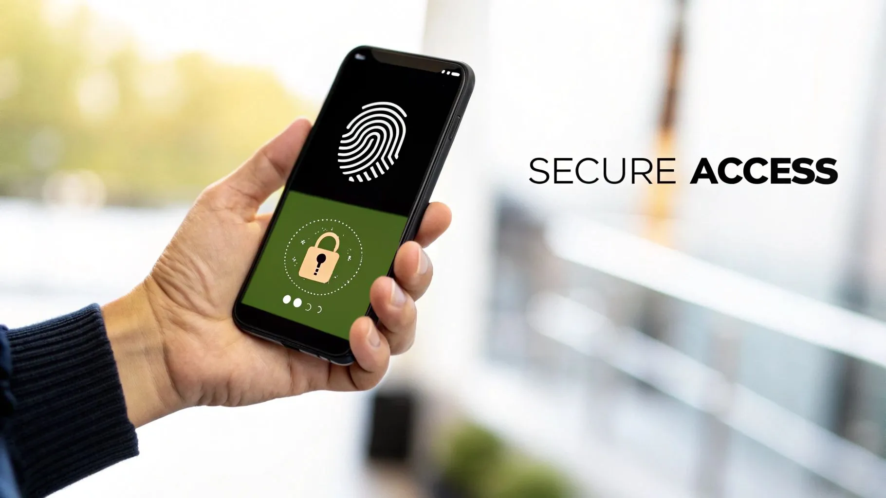 A hand holds a smartphone with fingerprint and padlock icons, illustrating secure access.