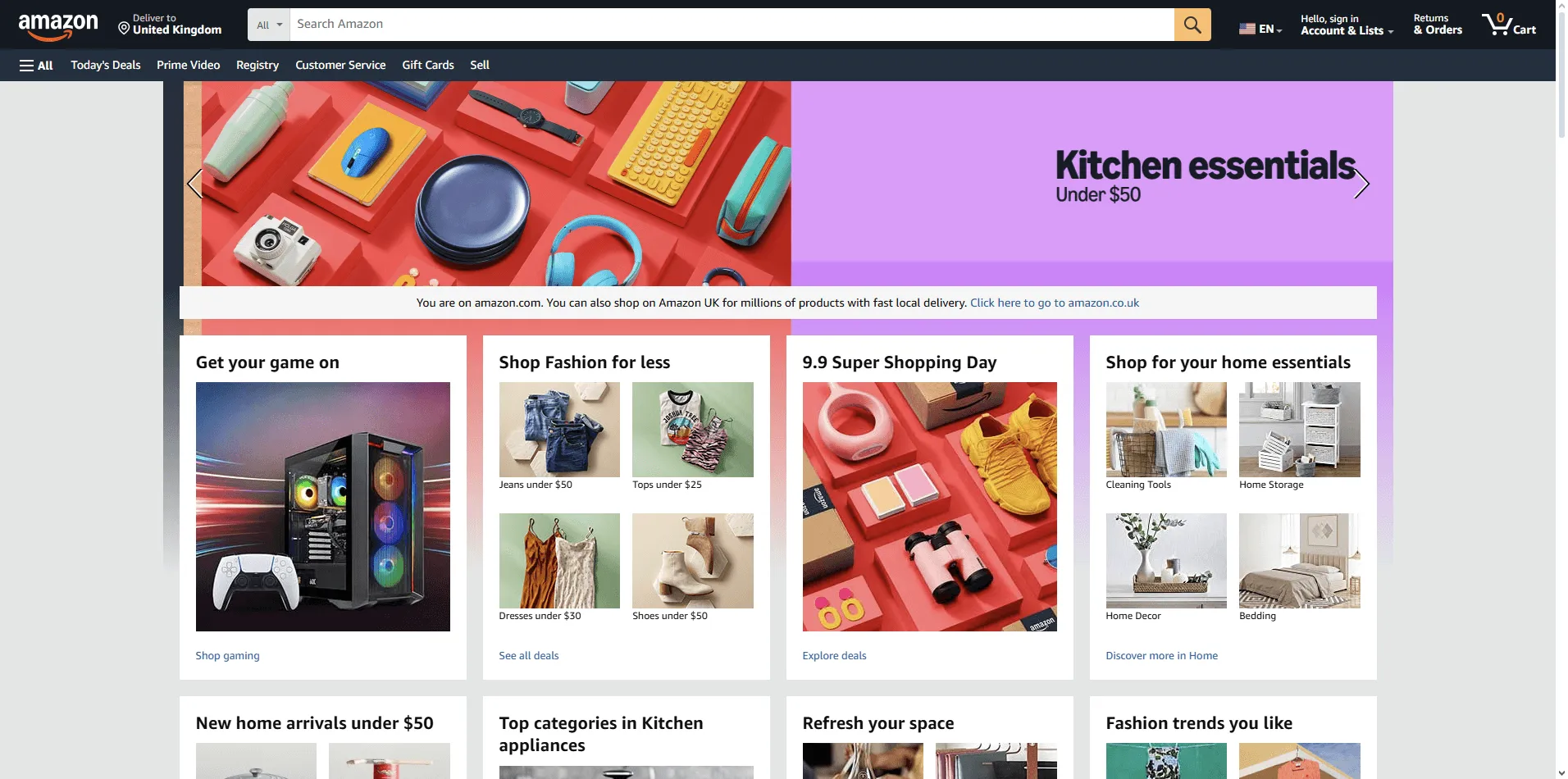 Amazon website header with logo, large search bar, account tools, cart, and category navigation menus.