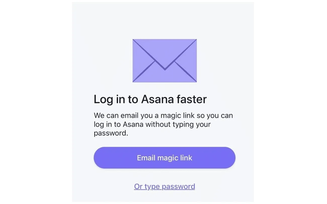Asana login page offering “magic link” sign-in, illustrating seamless authentication in good UX writing examples.