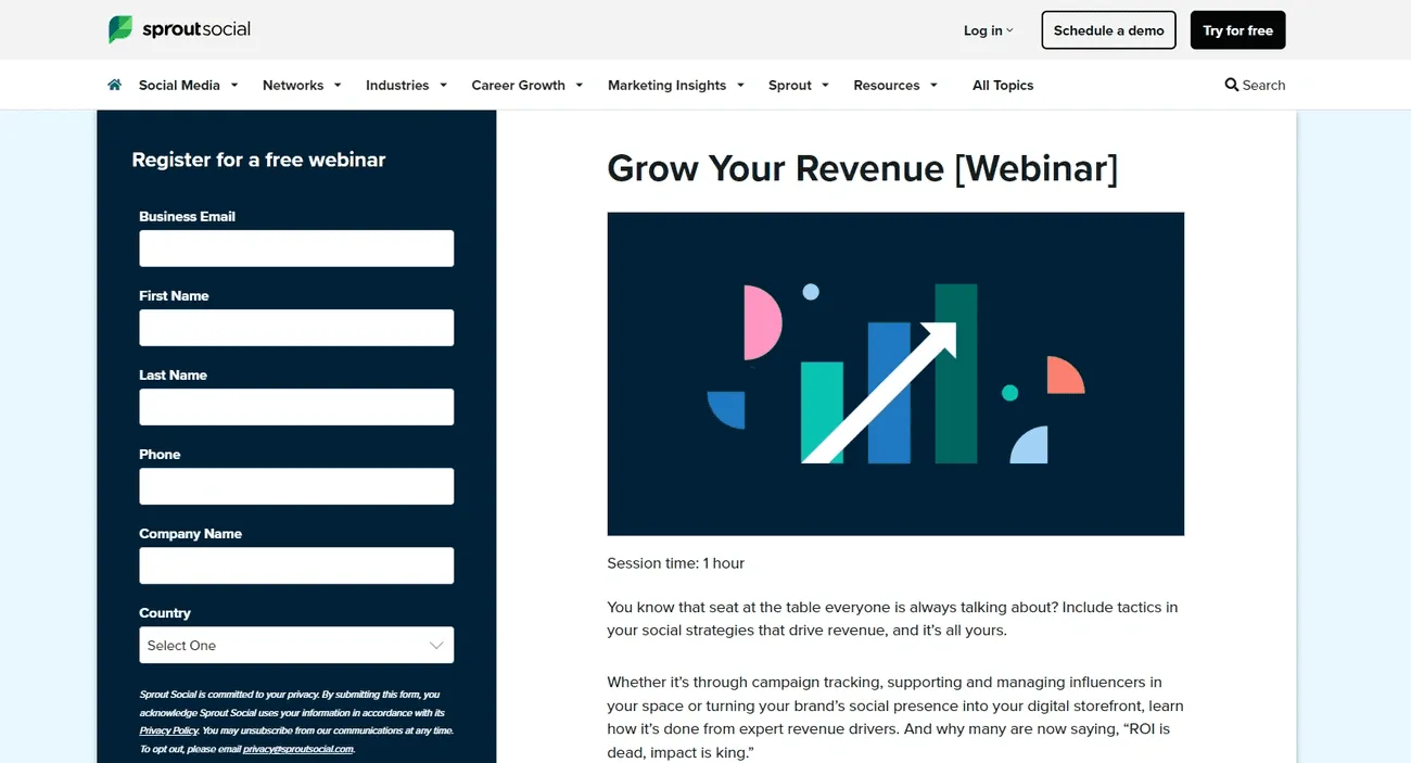 Sprout Social’s webinar page with above-the-fold registration form and benefit-focused copy.