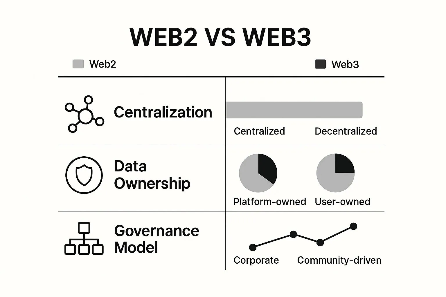 Infographic comparing Web2 and Web3 design principles like centralization, data ownership, and governance.