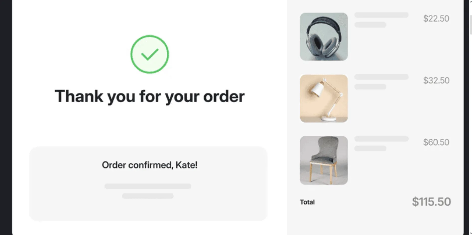 Shopify order confirmation page with thank-you message, order ID, delivery estimate, and CTAs to track order or continue shopping.
