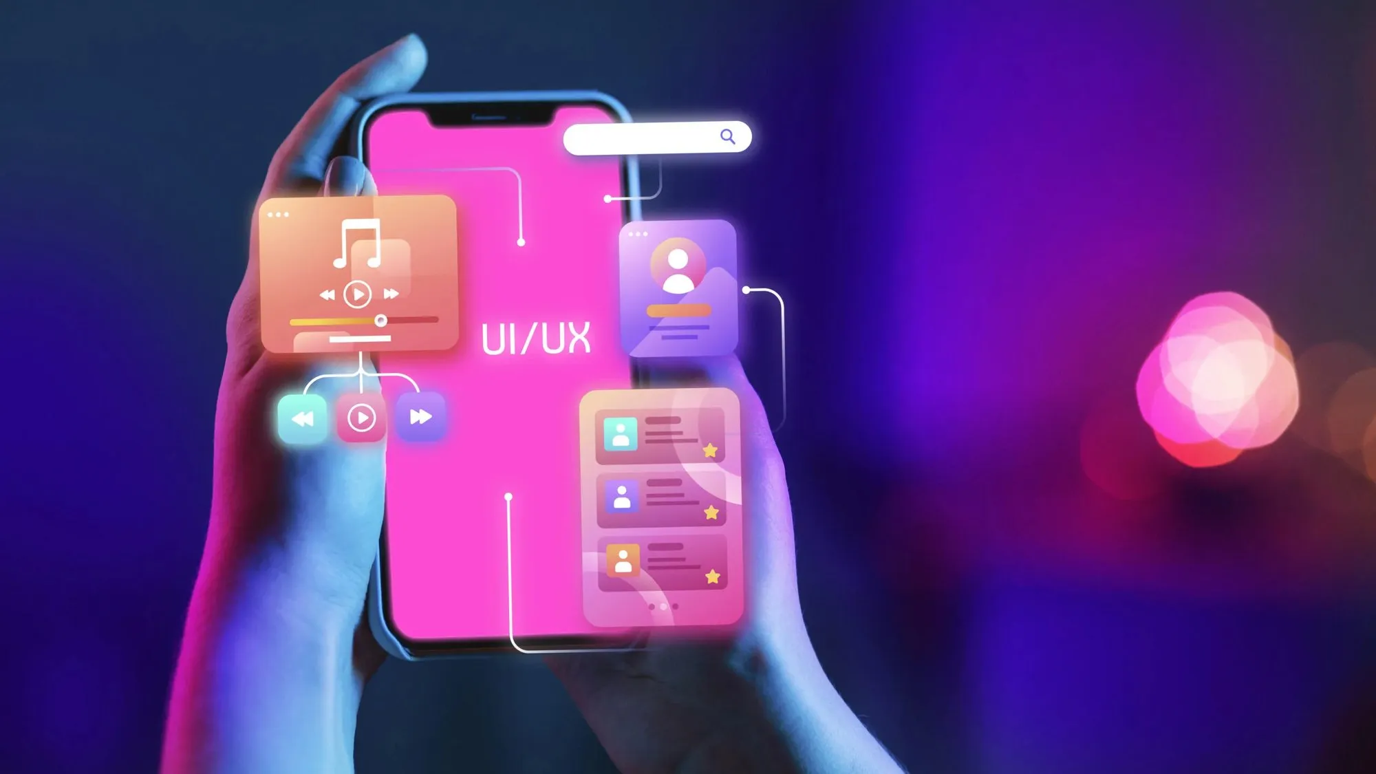 Hands hold a smartphone displaying vibrant UI/UX design elements with a music player and profile.