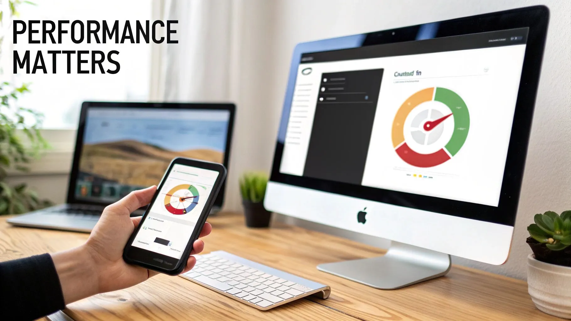 Hand holding a smartphone displaying a performance dashboard, with a desktop computer and laptop showing data. Text: 'PERFORMANCE MATTERS'.