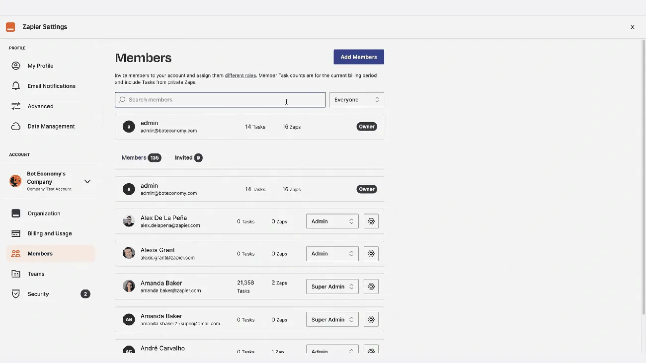 Zapier account settings page showing profile details, role-based permissions, notification preferences, and enterprise-level controls.