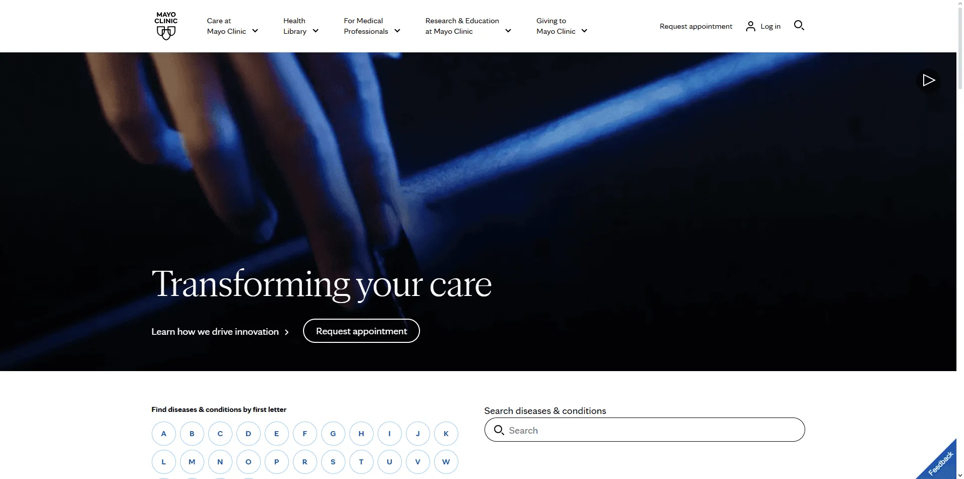 Mayo Clinic homepage with clean design, patient resources, and search bar for health information.