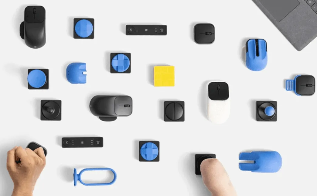 Microsoft’s customizable adaptive mouse, hub, and buttons for users with limited mobility.