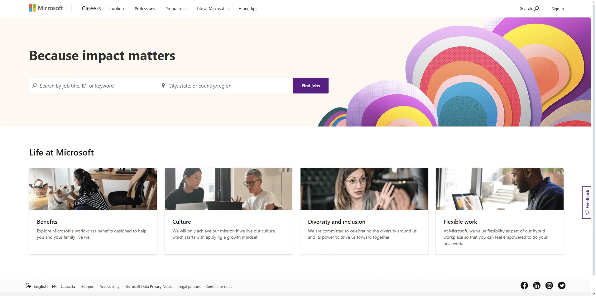 Shopify careers page showcasing entrepreneurial culture, merchant impact stories, and flexible job search tools for candidates.