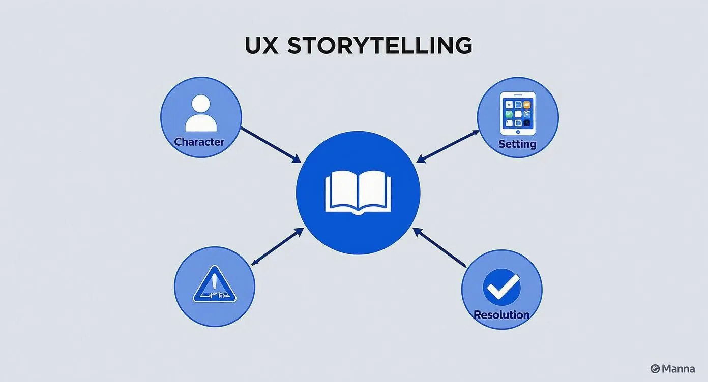 A UX storytelling diagram featuring a central open book with elements: character, setting, problem, and resolution.