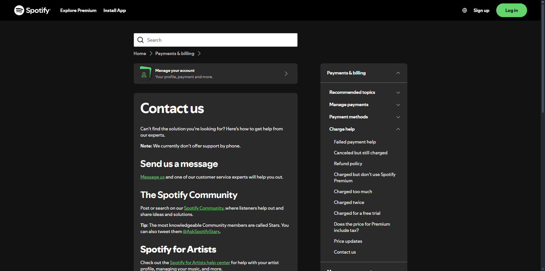 Spotify contact page with categorized help topics, login portal, and community forum links.