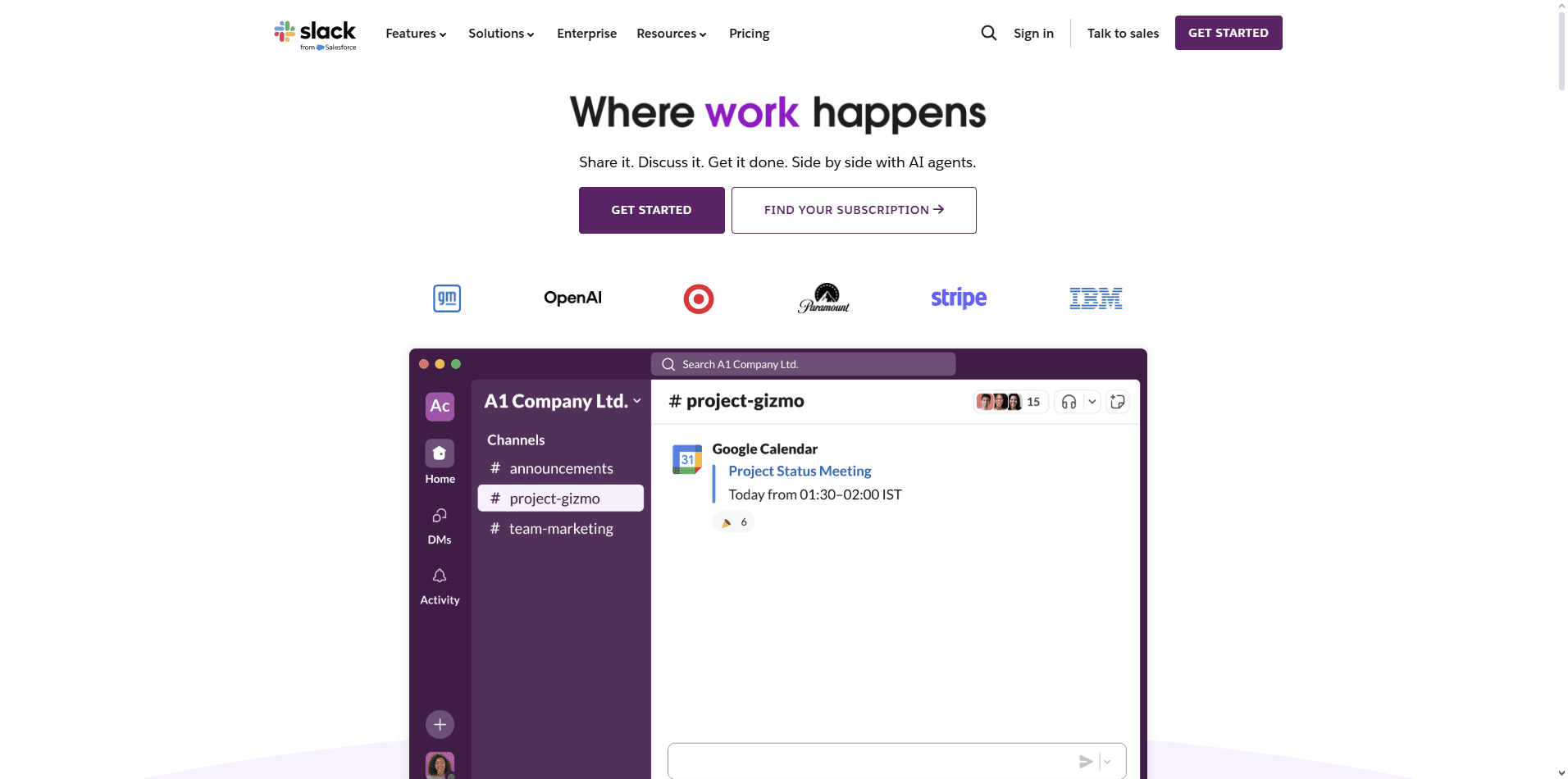 Slack website header with structured navigation, dropdowns for products and solutions, and a high-contrast Try for Free CTA.