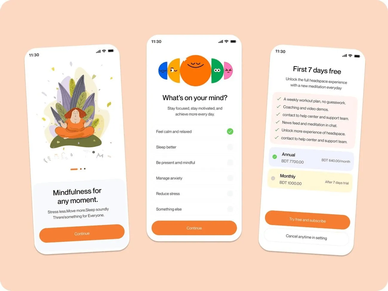 Headspace app cards with bright colors, playful illustrations, and mindfulness session details