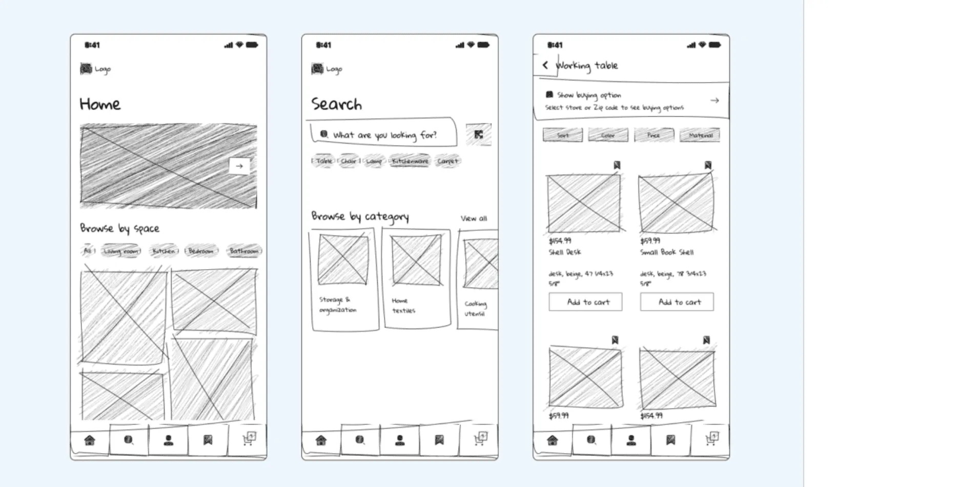 Hand-drawn sketch wireframe showing simple boxes, arrows, and layout ideas on paper.