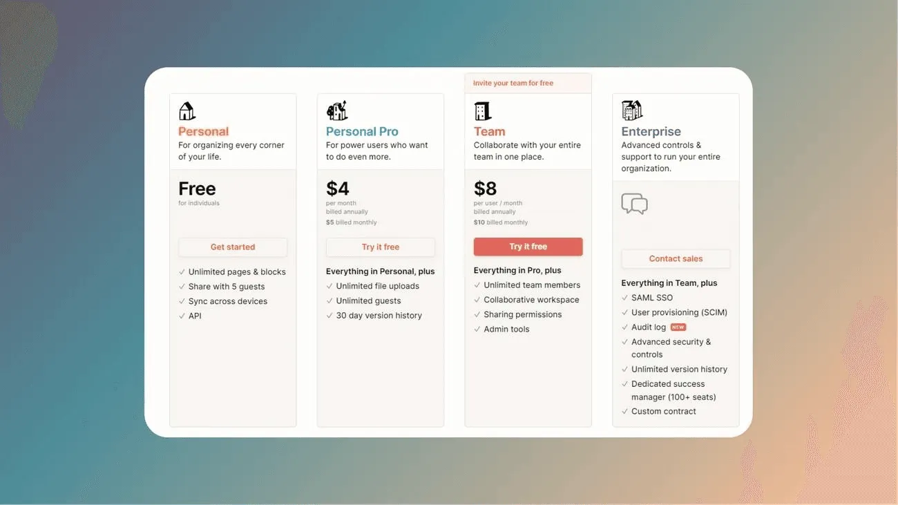 Notion workspace with modular card blocks for notes, tasks, databases, and media embeds.