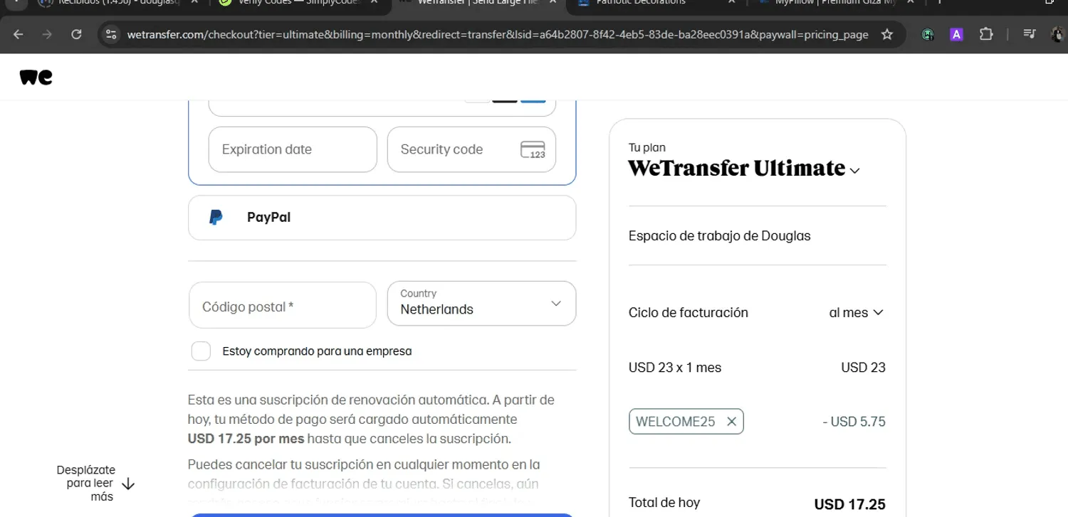 WeTransfer: one of the most renowned checkout flow design examples in B2B productivity SaaS