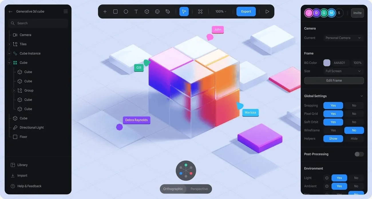 Spline interactive 3D design SaaS website showcasing real-time modeling and Webflow integration.