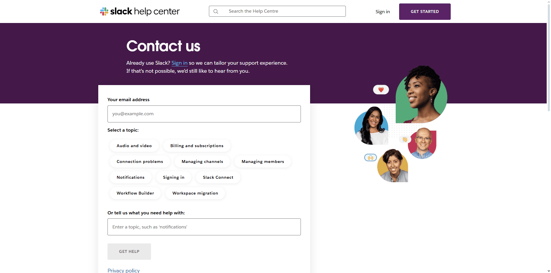 Slack contact us page with clear inquiry categories, community link, and sales request form.