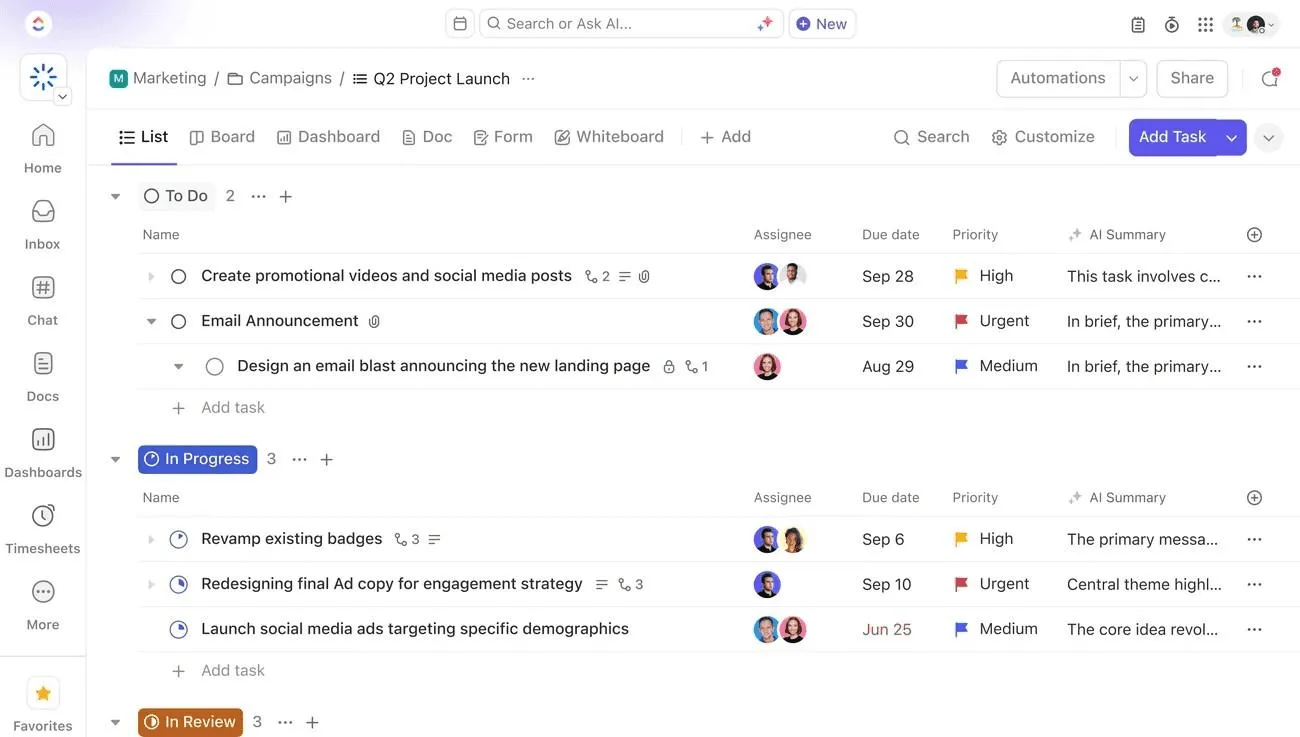 ClickUp project management SaaS website showing unified dashboards, task lists, and productivity features.