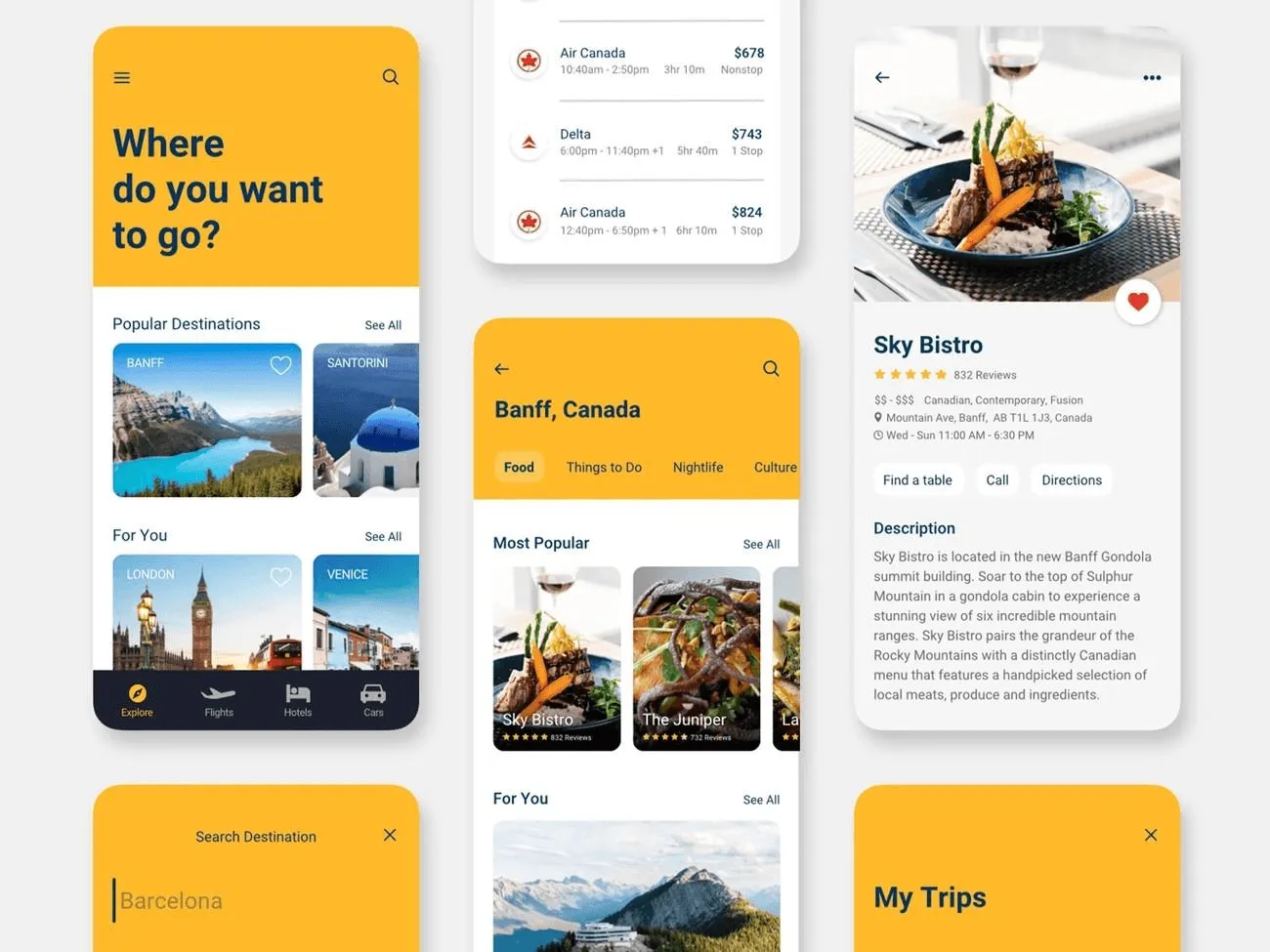 Expedia travel search results with minimalist card designs for hotels, flights, and activities