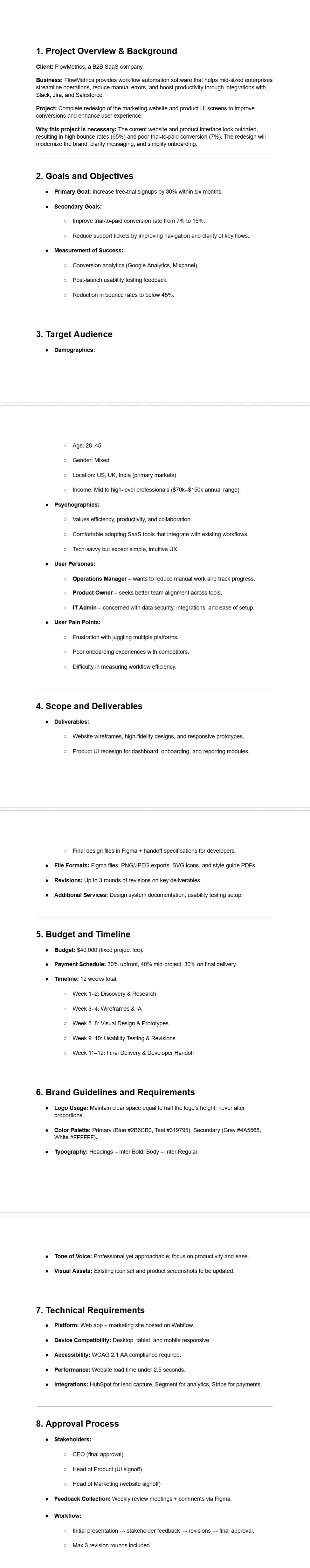 Sample UX design brief for a SaaS company