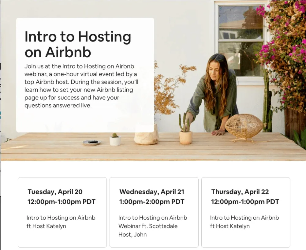 Airbnb webinar landing page featuring host introduction, testimonials, and photo banner.