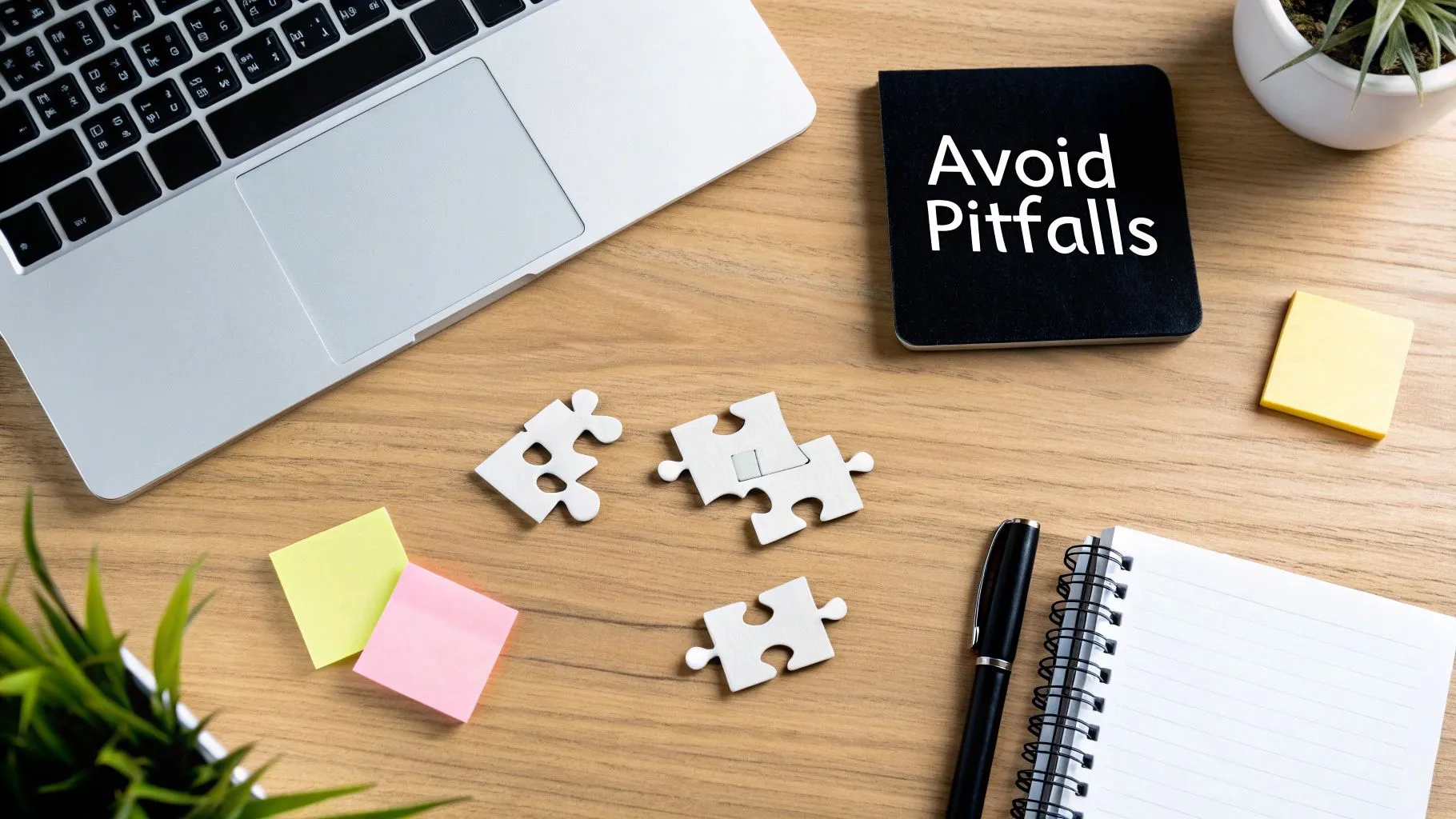 Laptop, puzzle pieces, and notebook on wooden desk with avoid pitfalls sign for design planning